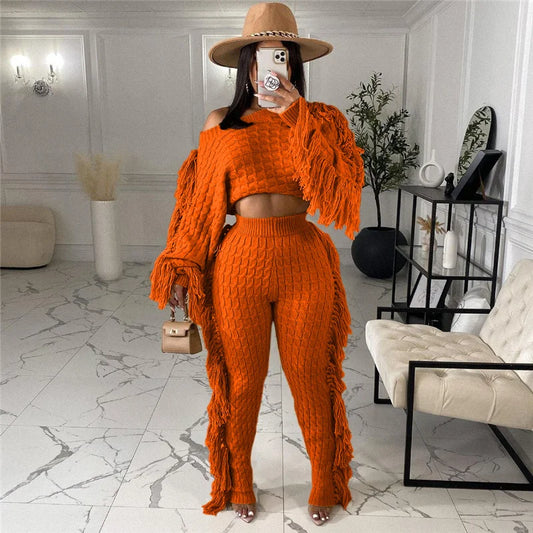 Tassel Knitted Ribbed Two Piece Set