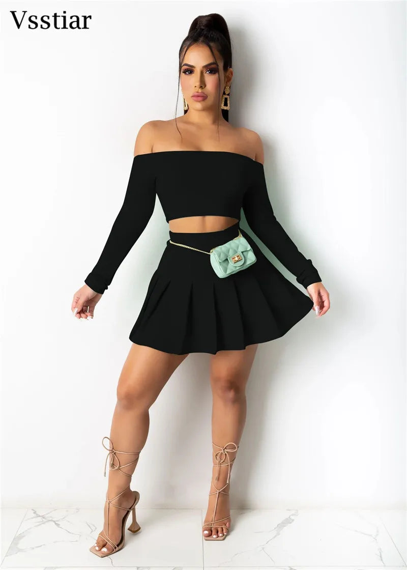 Off Shoulder Slash Neck Long Sleeve Crop Top Pleated Mini Skirt