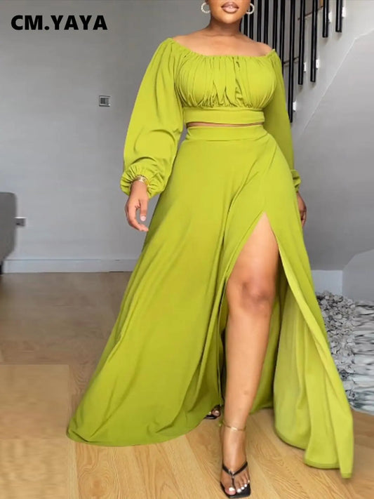 Women Set Off Shoulder Long Sleeve Draped Top and High Side Slit Maxi Skirt