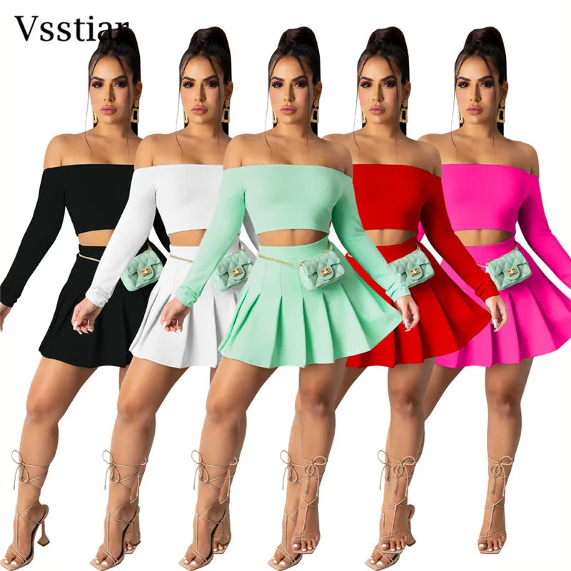 Off Shoulder Slash Neck Long Sleeve Crop Top Pleated Mini Skirt