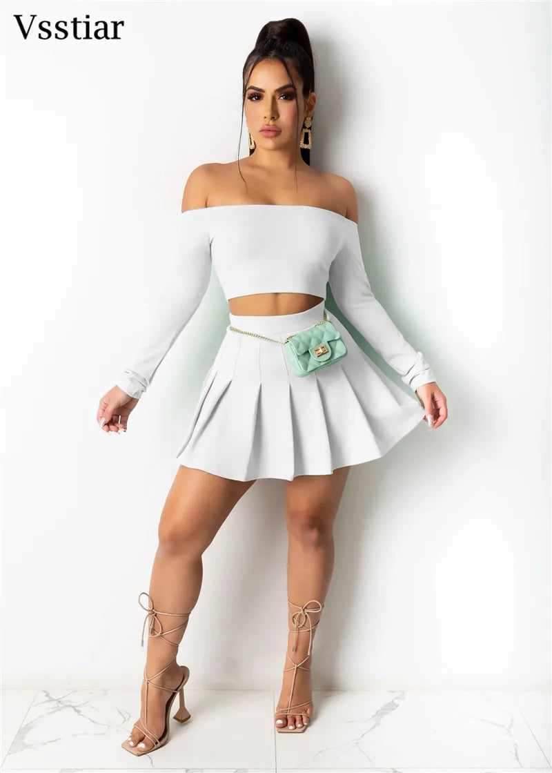 Off Shoulder Slash Neck Long Sleeve Crop Top Pleated Mini Skirt