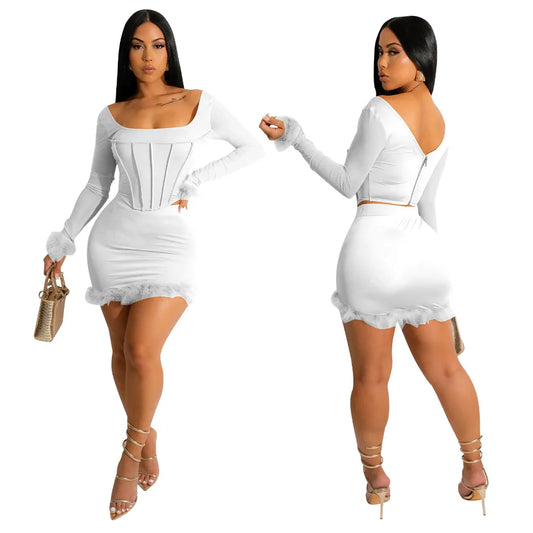 Women Bodycon Midi Mini Skirt Suit with Long Sleeve Crochet Crop Top